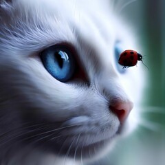 Poster - AI generated illustration of a closeup of a white cat looking at a ladybird