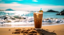 AI Generated Illustration Of A Mug Of Cold Brew Coffee Resting On A Sandy Beach