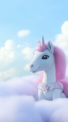 Wall Mural - AI generated illustration of a majestic white unicorn atop a fluffy cloud against a sky