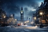 Fototapeta Londyn - London, United Kingdom. Big Ben and Parliament Building during winter bilzzard storm, abstract image.