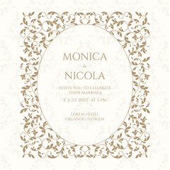 Wall Mural - Elegant wedding invitation. Card template with oval floral frame. Classic design page.

