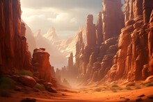 A Majestic Desert Canyon Bathed In Sunlight.
