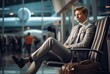 Man in business suit sitting on bench at airport waiting for flight schedule