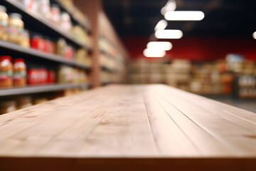 Wall Mural - Top of surface wooden table with blurred grocery store  background.