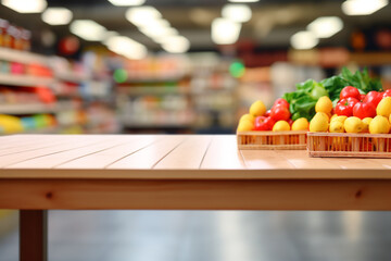 Wall Mural - Top of surface wooden table with blurred grocery store  background.