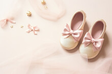 Cute Little Baby Shoes Of New Born On Empty Background For Baby Shower Invitation With Space For Text