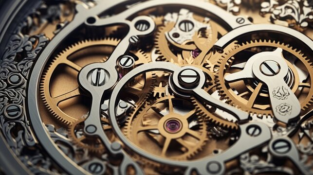 gears and cogs in clockwork watch mechanism. craft and precision - elegant detailed stainless steel 