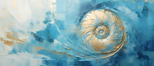 Nautilus Shell In Blue Watercolor Painting. Abstract Background.