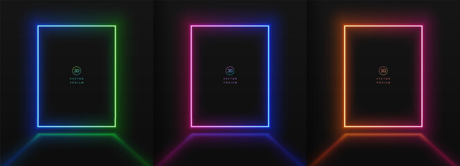 Wall Mural - set of 3d black background with red, green and blue neon lighting lines rectangles frames scene. abs