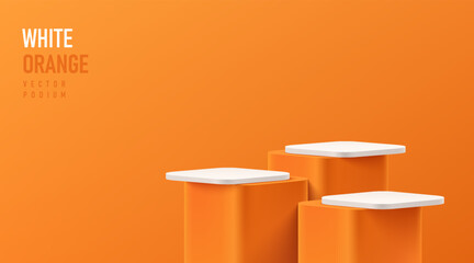 Wall Mural - realistic 3d round corner cube stand podium set in white, orange color scene. vector abstract geomet