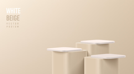 Wall Mural - realistic 3d round corner cube stand podium set in white, beige color scene. vector abstract geometr