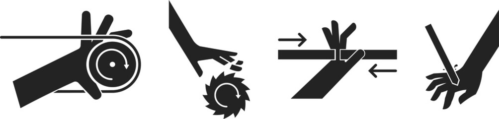 Bundle set pictogram icon of hand injury pinched on belt conveyor machine, injury rotating knife or blade, door pinch for safety danger warning sign