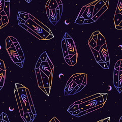 Seamless rainbow crystals vector pattern. Crescents, herbs, stars and crystals. Bohemian fabric design. 