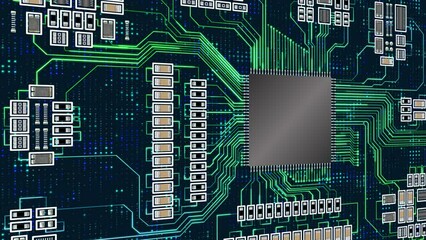 running chipset animation with circuit board components. concept for digital technology, science and engineering.