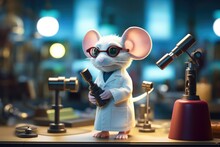 A Toy Mouse In A Lab Coat Holding A Gun. Generative AI.