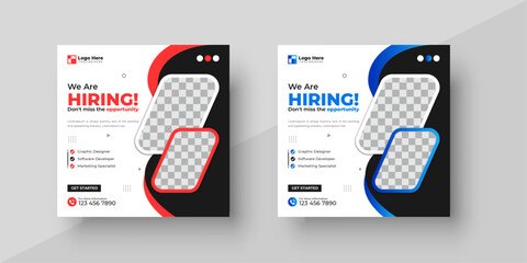 We are hiring job vacancy social media post or square web banner template design with two color red and blue