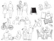 人物の線画のイラスト(カップル、デート、子供、高校生、幸せ、赤ちゃん、家族)