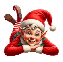 A Cute Christmas Elf Laying On A Flat Surface Isolated On A Transparent Background