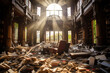 大量の本が散らばった図書館の廃墟