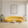 Poster frame mockup in scandinavian style living room interior with yellow on empty white wall