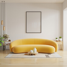 Poster Frame Mockup In Scandinavian Style Living Room Interior With Yellow On Empty White Wall