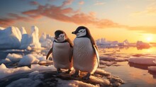 Two Penguins Standing On A Snowy Rock, Under A Colorful Sunset.