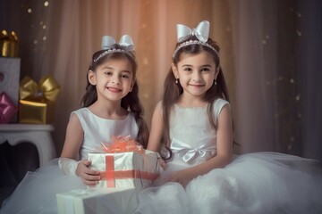 cute little princesses girls. fashion holiday dress child beauty. generate ai