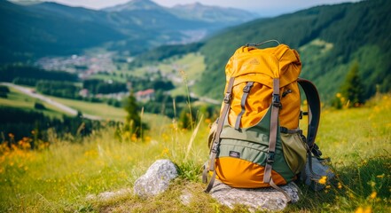 Yellow Adventure Rucksack with Hipster Vibe, European Map, and Green Vista as Background for Vacation and Relaxation of Travelers with Planning and