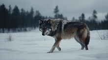 AI Generated Illustration Of A Majestic Gray Wolf Walking Across A Winter Landscape