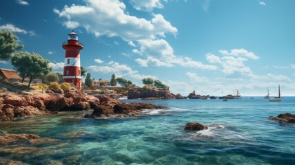 Sticker - A beautiful lighthouse against a blue sky and sea