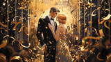 Fototapeta Kosmos - Couple at Art Deco New Year's Eve Party Celebration Golden Gatsby Style Early 20th Century Banner Fashion Illustration 