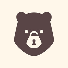 Wall Mural - bear grizzly face portrait padlock secure cute mascot character cartoon clean flat modern minimal logo design vector icon illustration