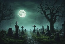AI Generated Illustration Of A Cemetery Illuminated By The Light Of A Full Moon