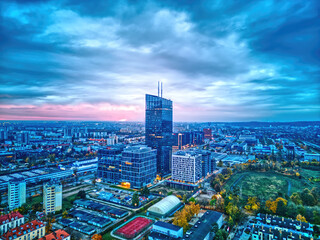 Aerial city scape of Gdansk city at Baltic sea in autumn.