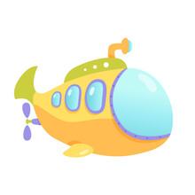 Yellow cartoon submarine vector illustration. Sea kids toy. Cute underwater transport. Colorful bathyscaphe with periscope and porthole isolated on white background. Kindergarten. Happy childhood