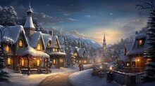 A Snow-covered Village With Twinkling Holiday Lights