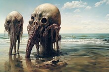 AI Generated Illustration Of Two Spooky Skulls On The Beach