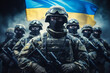 Ukrainian soldiers standing against the background of the Ukrainian flag facing the camera, the theme of the war and conflict in Ukraine with russia.generative ai
