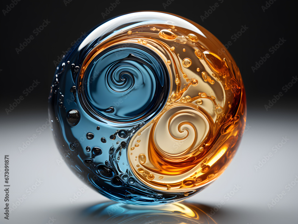 Yin and yang symbol in the form of a blue and gold precious ball on the ...