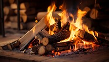 Warm And Inviting Home Decor Close Up Of Neatly Stacked Firewood In Front Of A Crackling Fireplace