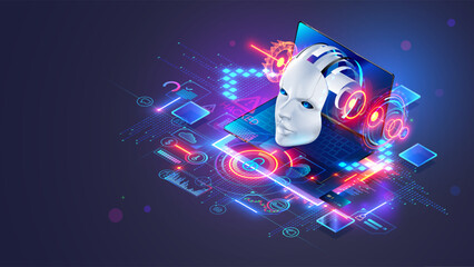 Poster - AI chat bot on laptop. Computer cyber security technology. Internet online chat bot face looks out of screen laptop. Artificial intelligence robot head. AI protects pc from hacker attacks and viruses.
