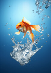 A goldfish is just jumping from a fishbowl and looking back the water splashing with blue background created with Generative Ai