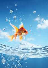 A goldfish is just jumping from a fishbowl and looking back the water splashing with blue background created with Generative Ai