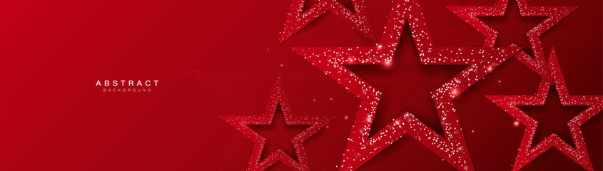Poster - Red star and sparkle on a red background. Award, Celebration party banner. Vector illustration