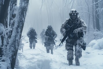 Wall Mural - Group of infantry soldiers in uniforms, walking over snow covered landscape