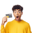 Credit card, phone, and photo of a guy holding one suggest online purchasing, receiving a prize, PNG image of a shocked face, some plastic money, and a smartphone representing financial achievement.