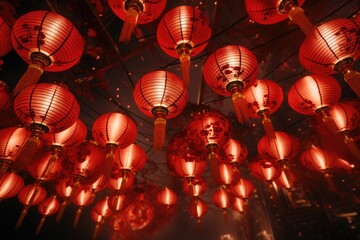 Canvas Print - A picture of a bunch of red lanterns hanging from the ceiling. This image can be used to add a festive and vibrant atmosphere to various events and decorations.