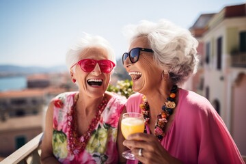 Wall Mural - Happy laughing senior women in sunglasses having fun drinking cocktails on vacation. Female retired friends traveling.