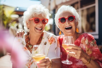 Happy smiling senior women in sunglasses having fun drinking cocktails on vacation. Female retired friends traveling.