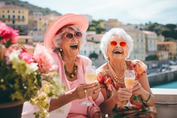 Wall Mural - Happy elegant two smiling senior women in sunglasses having fun drinking cocktails on vacation. Female retired friends traveling.